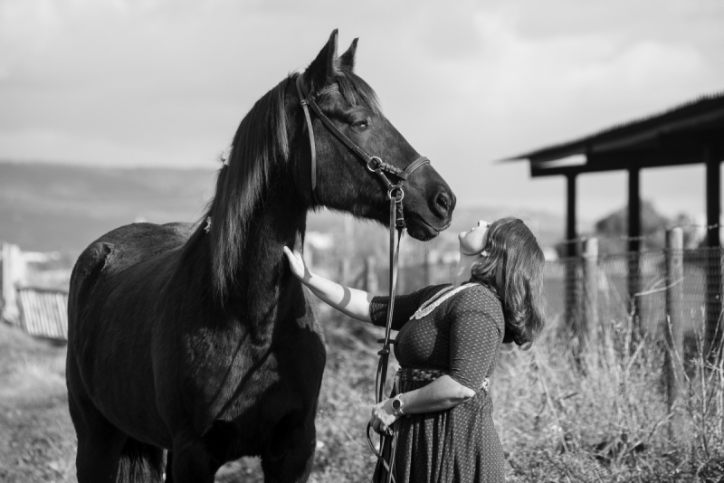 Woman with Black Mare in Countryside